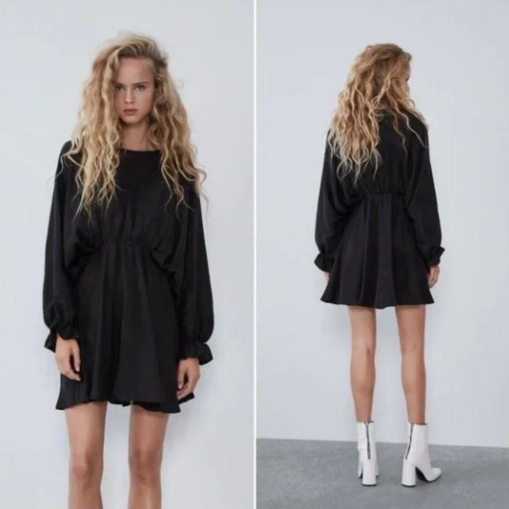 Zara Black Voluminous Satin Effect Dress XS